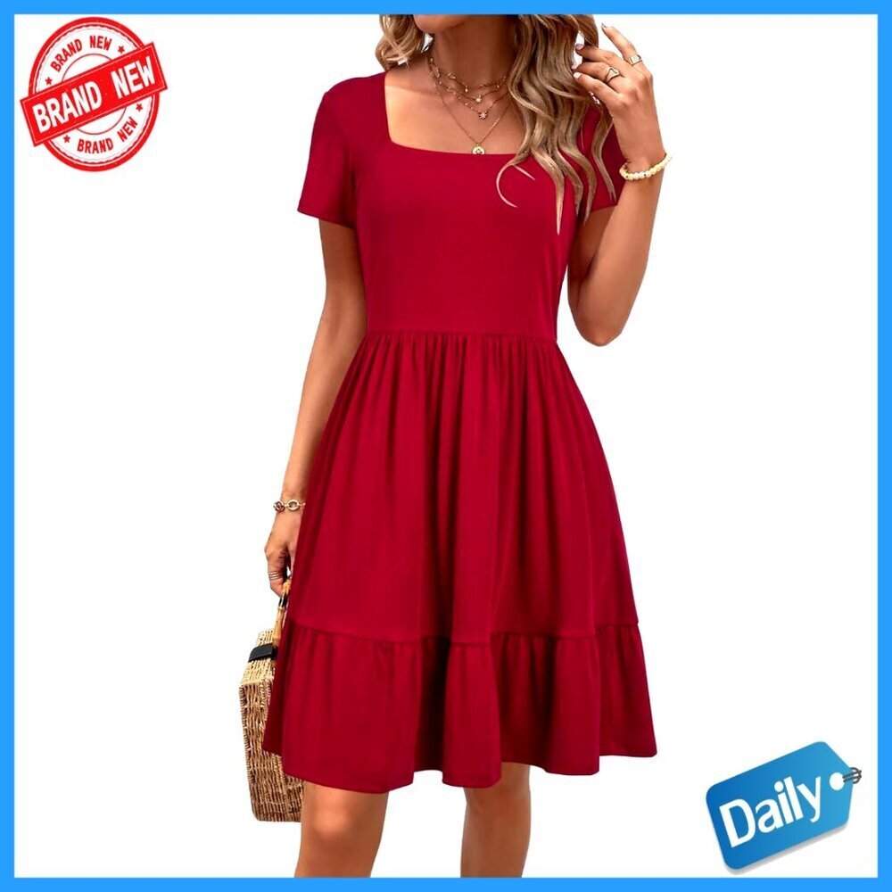 Summer Casual Square Neck Ruffle A-Line Sundress with Pockets
